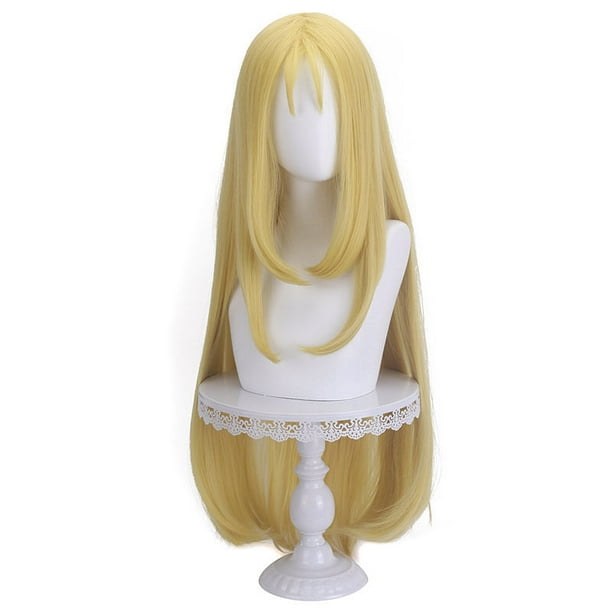 Peluca larga para cosplay, rubia, 80 cm, con flequillo en capas