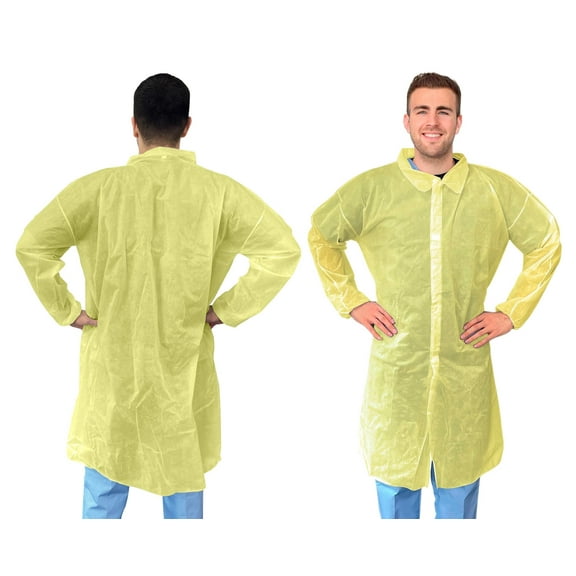 Yellow Disposable Lab Coats, PP Hook & Loop Closure, 50 Count, Adult XL