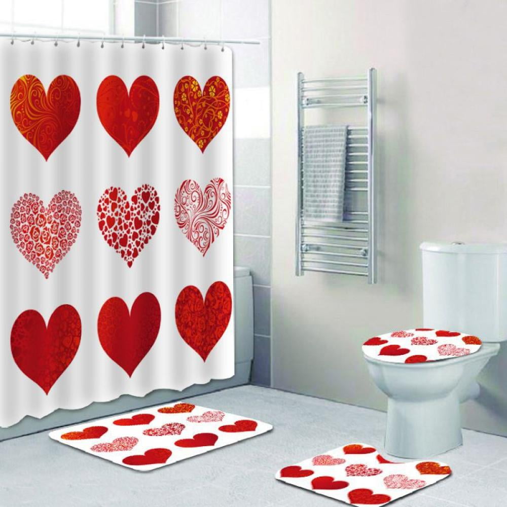 Valentine's Day 3D Digital Printing Shower Curtain 4Pc Set Bath Mat Home Hotel 