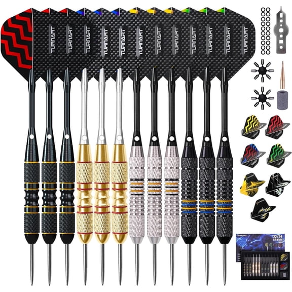 Turnart Darts Metal Tip Set - Steel Tip Darts Darts Set Professional Metal Darts 12 pcs 22/24 Grams Pro Dart Set with Stylish Case Aluminum Shafts Extra 9 Flights