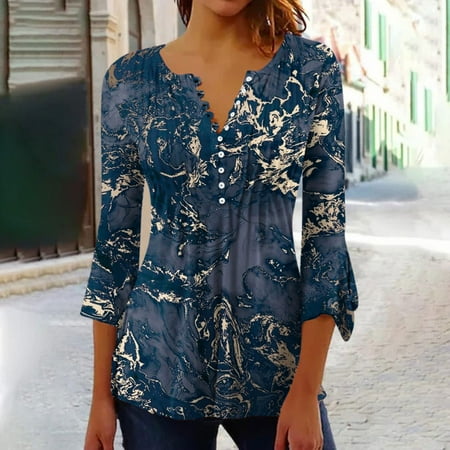 

DroolingDog Womens Summer Tops 2023 Women s Casual Trumpet 3/4 Sleeve Printed Buttoned Basic Ruched Corset Tunic Tops Pleated T-shirts Blouses