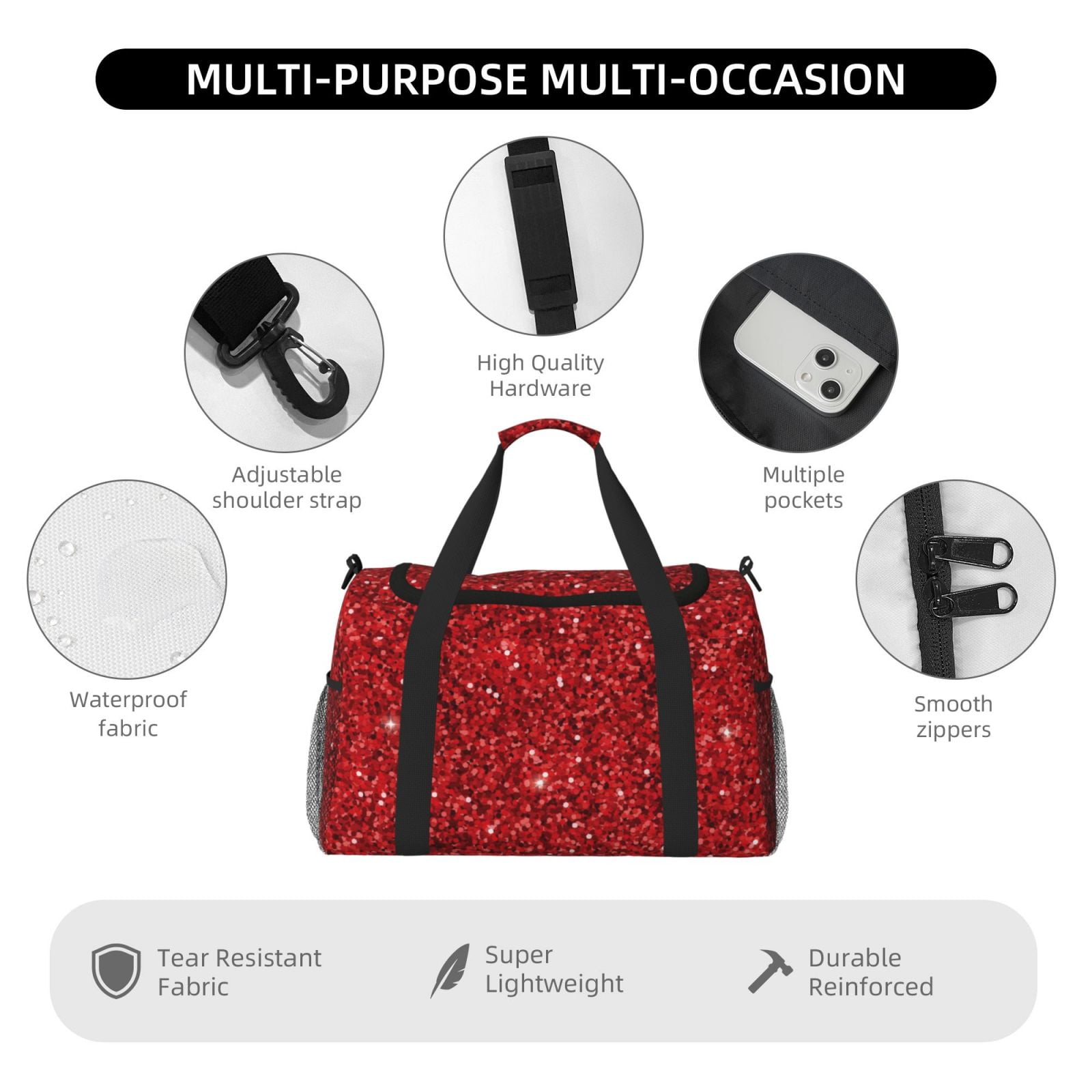 Ratiio Red Glitter Pattern Hand Travel Bag, Weekender Carry On for Women Men, Sports Gym Bag, Workout Duffel Bag, Overnight Shoulder Bag fit 15.6 Inch Laptop