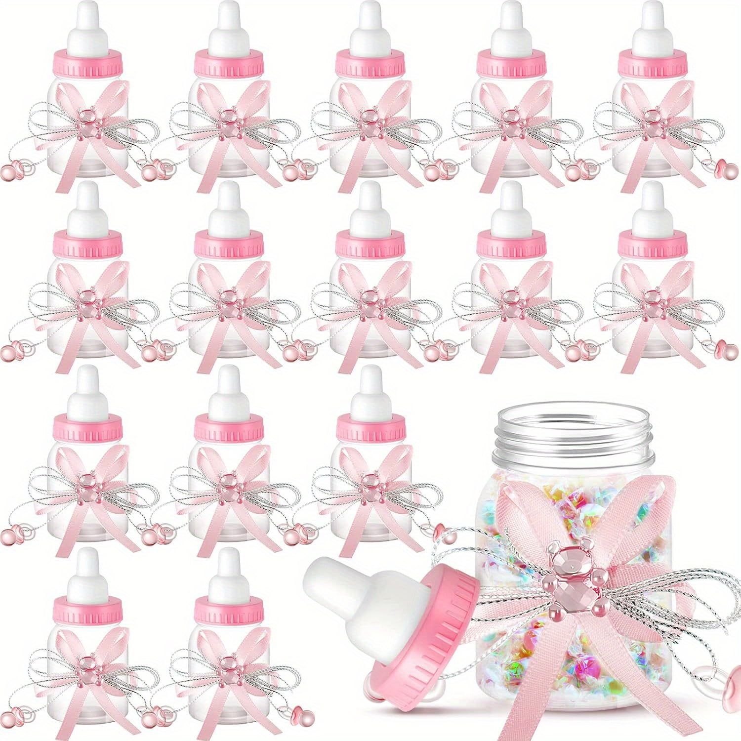 48Pcs Plastic Baby Bottles, Baby Shower Favors, Clear Mini Milk Bottles With Pink And Blue Ribbon And Cap, 3.54×1.57Inch, For Baby Shower Party Favors, Wedding Guest Gifts, Birthday Decorations