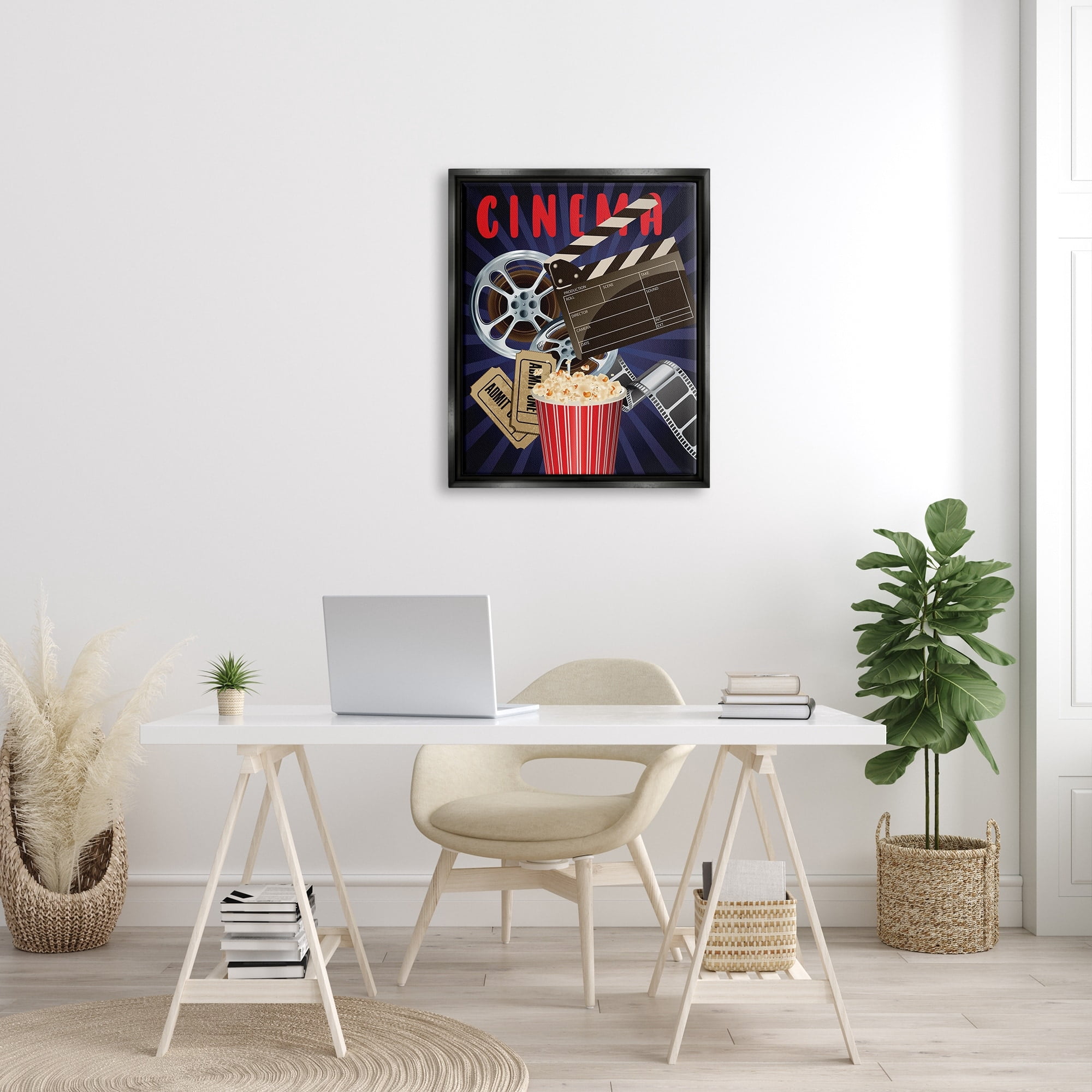 Stupell Industries Cinema Movie Reel Popcorn Entertainment Sign Graphic Art Jet Black Floating Framed Canvas Print Wall Art, Design by Yvonne Coleman Burney