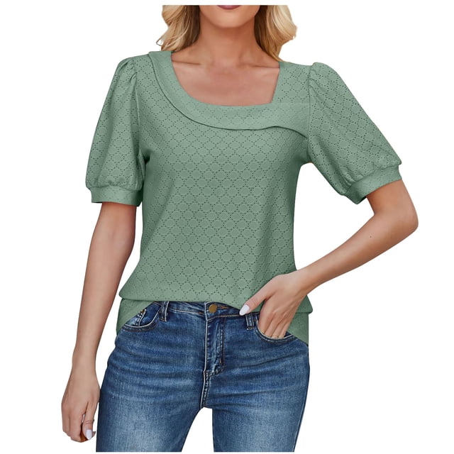 FAIWAD Womens Short Sleeve Tops Puff Sleeve Summer Clothes Square Neck Casual Pullover Blouses Tops