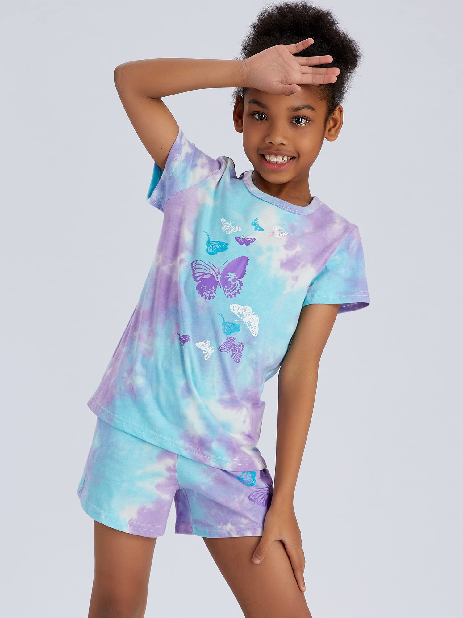 Beezizac Girls Pajama Set 2-PC Shorts Cotton Summer Tie Dye Butterfly Pjs Size 12