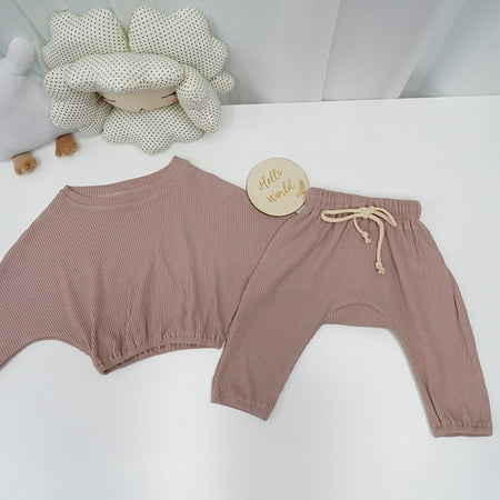 

DancePeanut Hot Boutique Baby Clothes Loose Long Sleeves Ribbing Cotton Fabric O-neck Solid Striped Lovely Trousers Shorts Suit Baby Boy Set