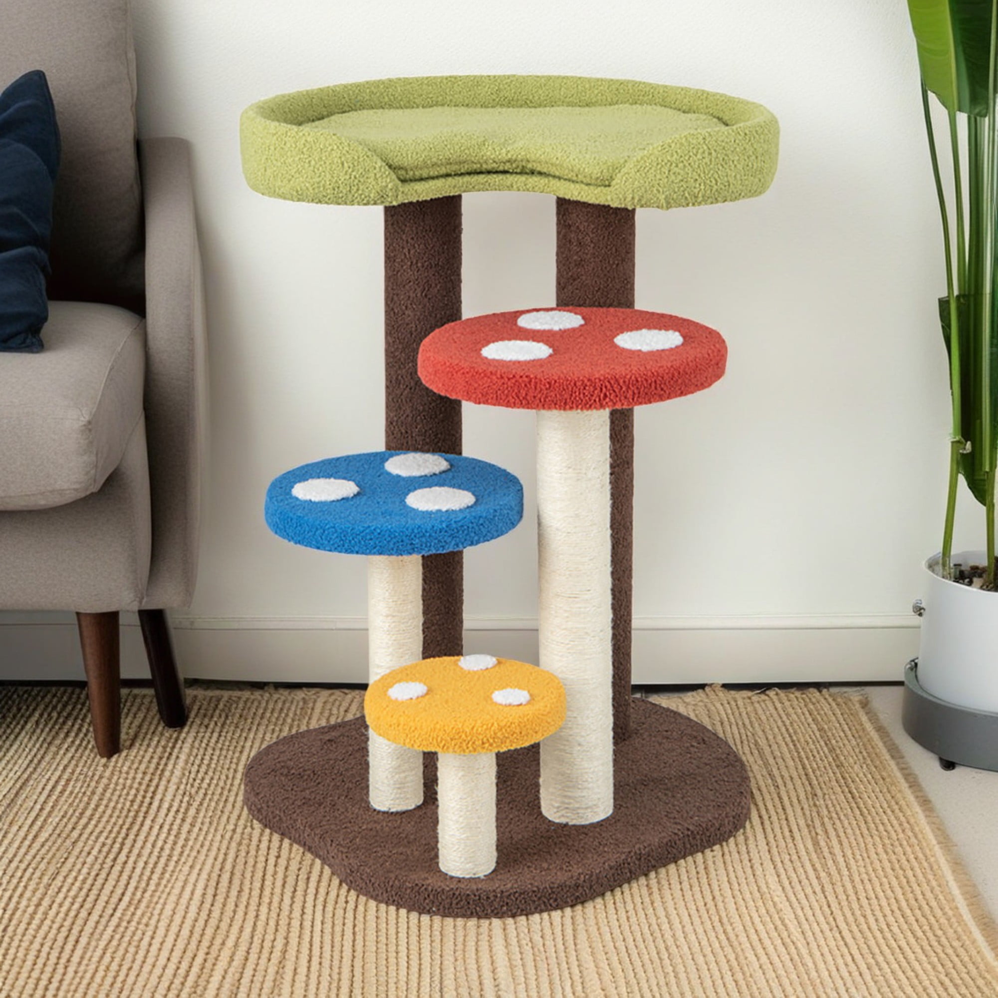 resenkos 37" Cat Tree Tower with Sisal-Covered Scratching Post, 3-In-1 Mushroom Cat Condo with Padded Perch, for Small Spaces, Kittens, Multicolor