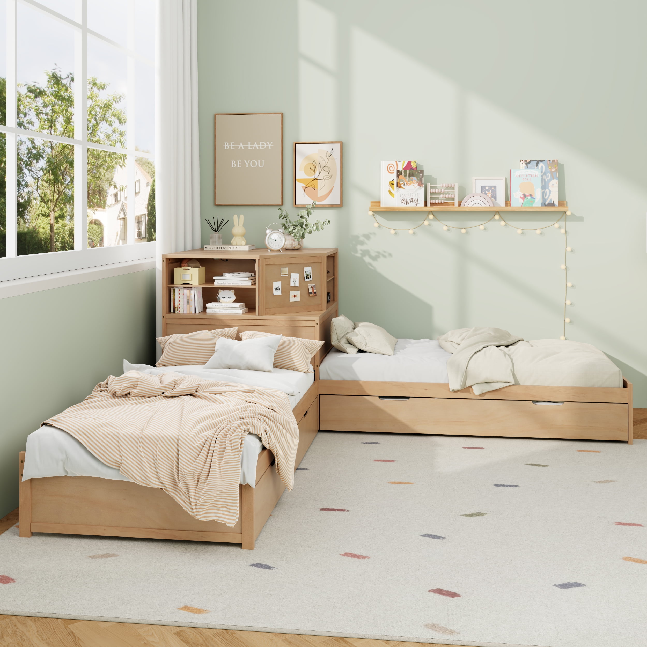EUROCO Wood L-Shaped Twin Platform Bed with Trundle and Drawers, L Shaped Bed with Desk and LED Light for Kids Teens Bedroom, Natural
