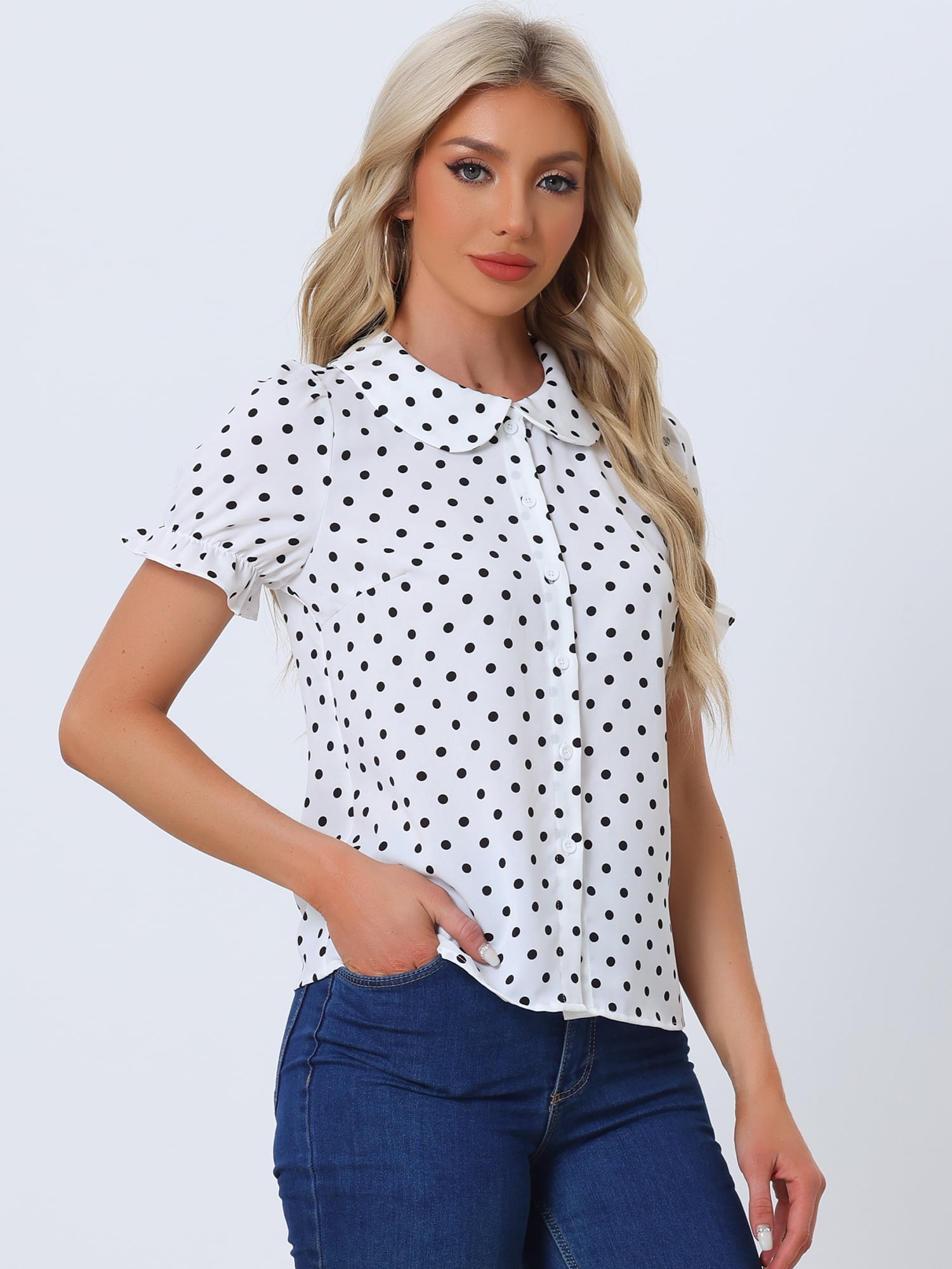 DARING DIVA Women's Polka Dots Doll Collar Puff Short Sleeve Shirts M White