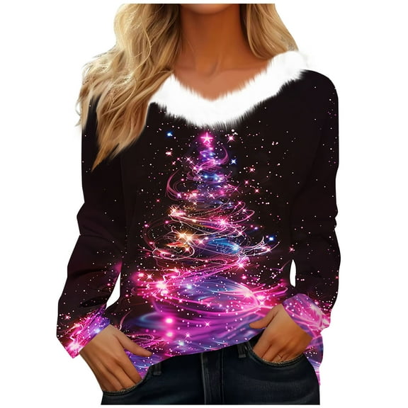 qelini Christmas Shirts for Women Furry V Neck Pullover Xmas Tree Print Long Sleeve Tops Funny Holiday Clothes