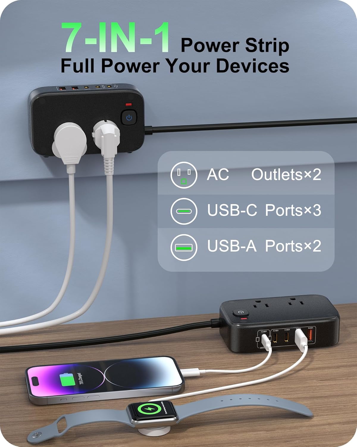 20W USB C Power Strip with 2500W AC Outlects, 3 USB-C Ports, 2 USB-A Ports, 5FT Flat Extension Cord Outlet Extende Desk Charging Station
