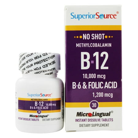 Superior Source - Pas de tir B12 méthylcobalamine 10000 mcg. avec B6 et l'acide folique 1200 mcg. - 30 comprimés