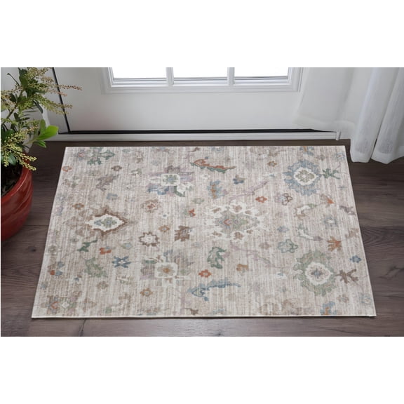 2' X 3' Tan Brown And Blue Abstract Distressed Area Rug