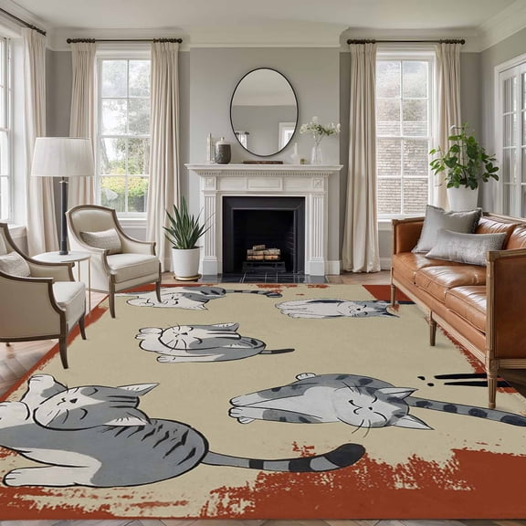 8'x10' Area Rugs, Cute Cat Indoor Outdoor Area Rug for Living Room Bedroom, Burnt Orange Beige Vintage Animal Washable Bathroom Rugs Kitchen Floor Carpet Mats Home Decor Aesthetic