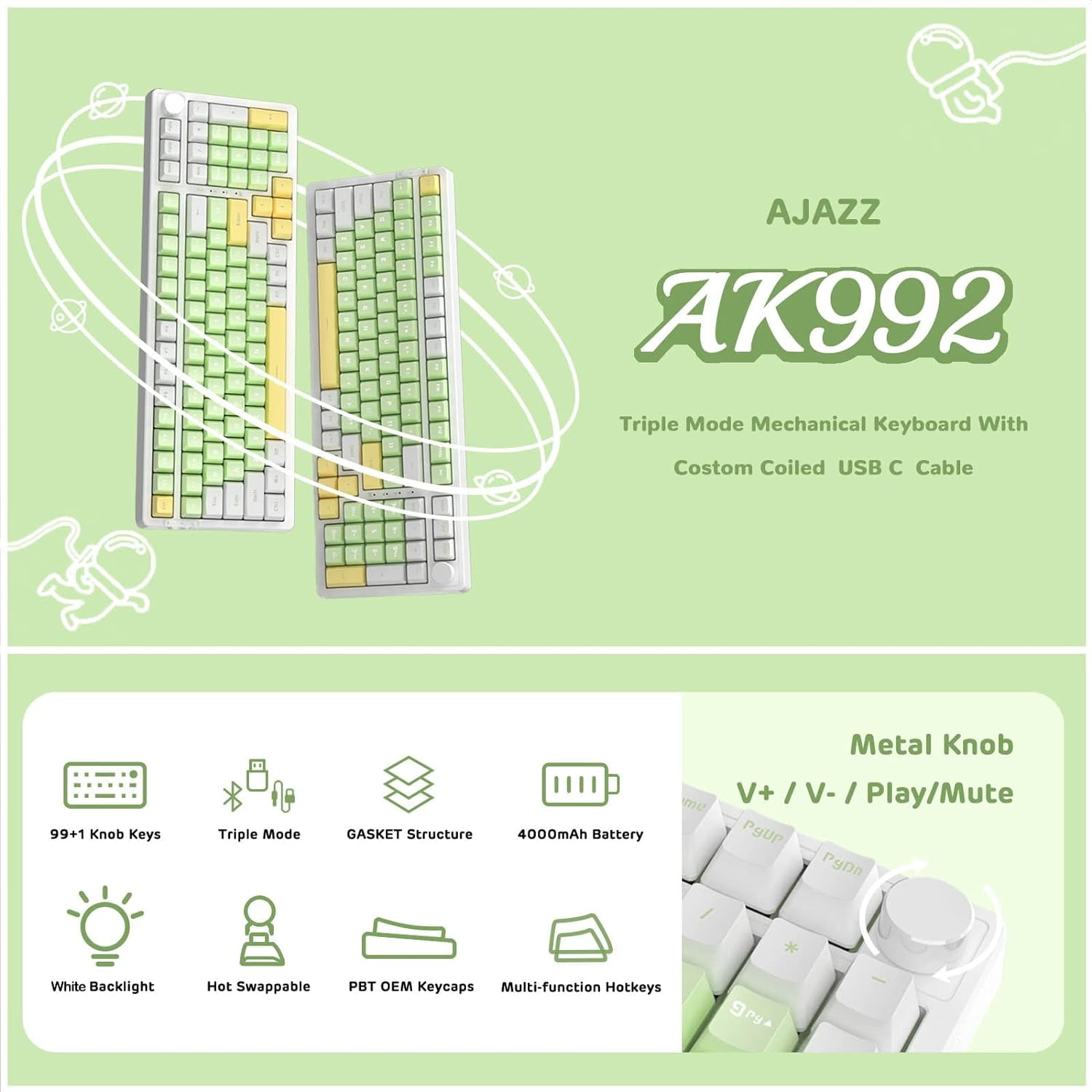 AK992 Gasket Wireless Mechanical Keyboard,2.4G/BT5.0/Wired,MDA PBT Keycaps,Red Switch RGB Hot Swap
