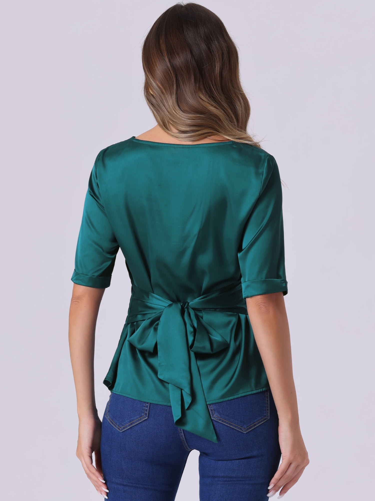 DARING DIVA Women's Satin V Neck Short Sleeve Ruched Tie Back Tops S Blue Green