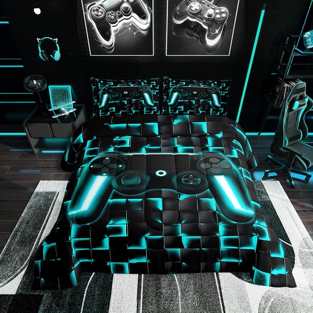 YST Kids Bedding Sets for Boys Room Decor, Blue Gamepad Pattern, King, Black Reversible