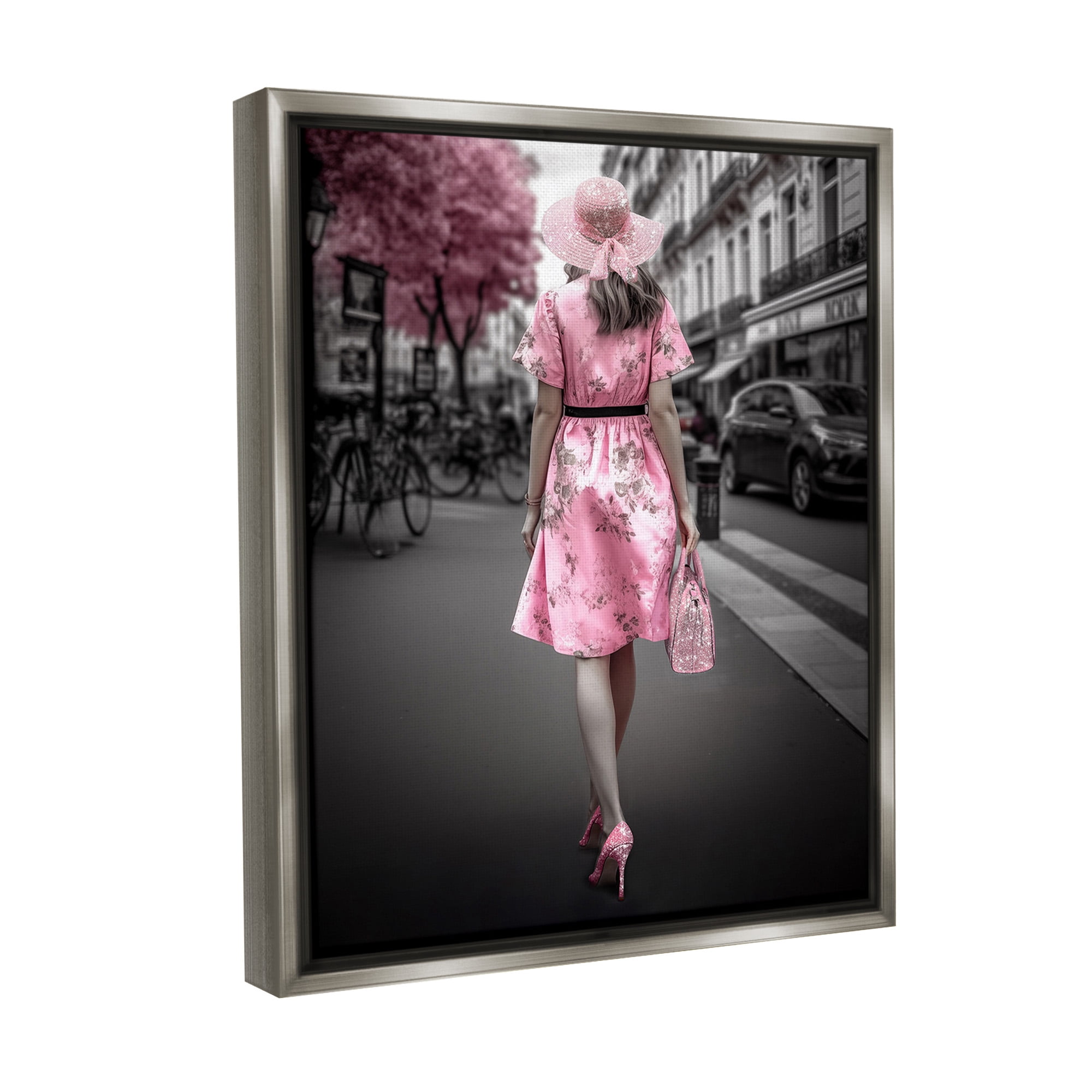 Stupell Industries Trendy Woman in City Travel & Places Painting Gray Floater Framed Canvas Art Print Wall Art, 25 x 31