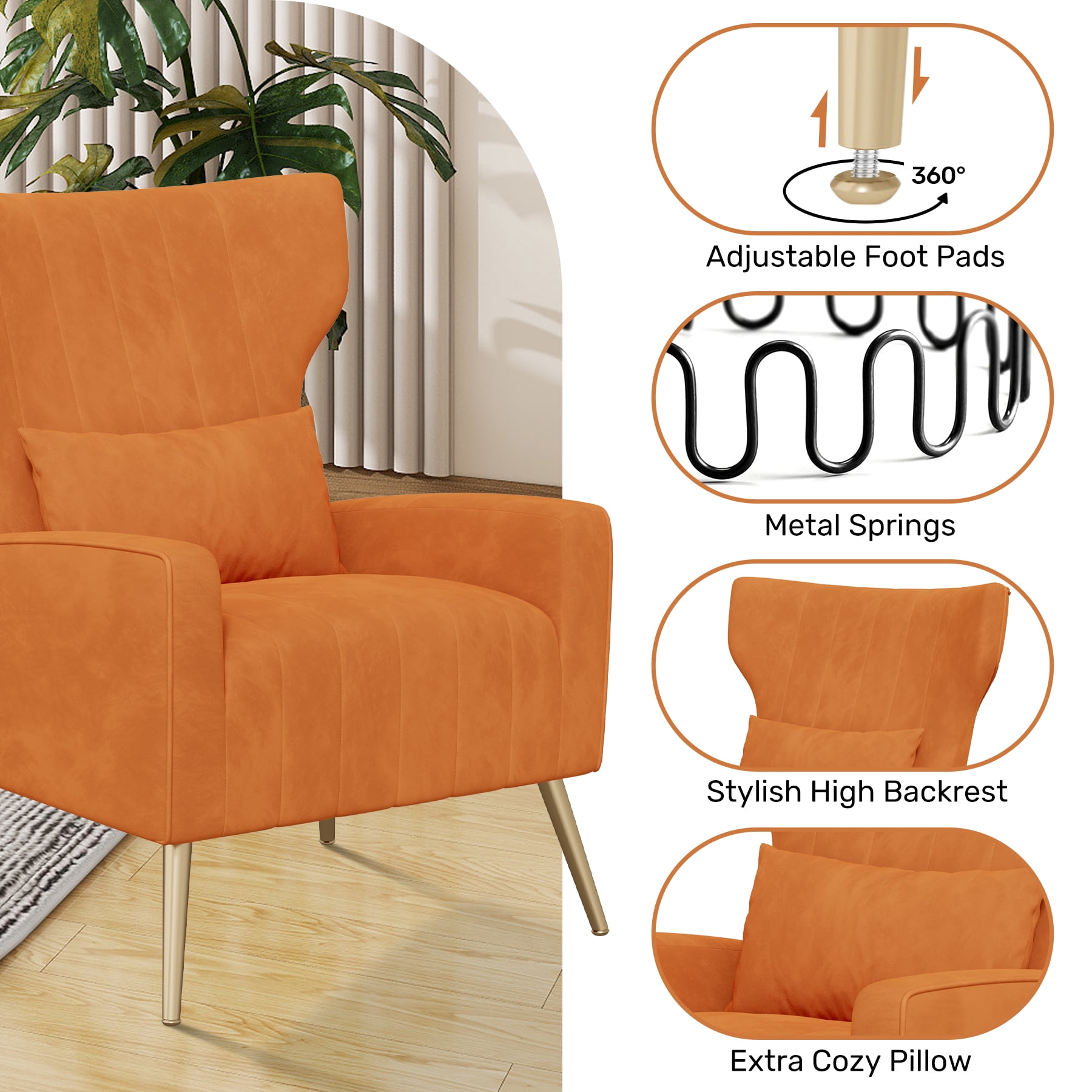 MOONMISS Velvet Accent Chair for Living Room, Modern Arm Chair with Pillow, Single Sofa Lounge Chair for Bedroom & Reading Room,Orange
