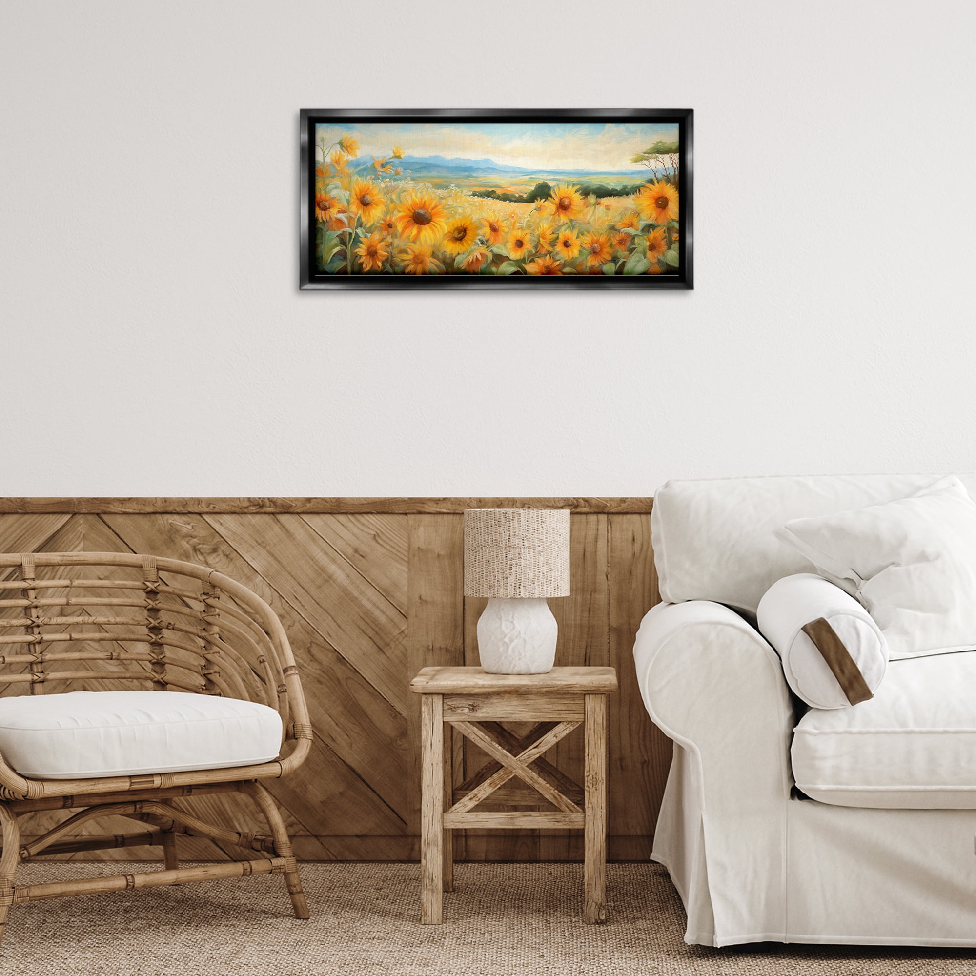 Stupell Industries Sunflower Fields Panorama Landscape & Nature Painting Black Floater Framed Canvas Art Print Wall Art, 25 x 11