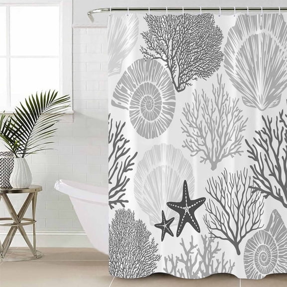 Grey Coastal Waterproof Fabric Shower Curtain, Ocean Coral Starfish Shell Modern Sea Shower Curtain for Bathroom Curtains Bathtubs Hotel Washable Shower Curtains with 12 Hooks Long 72x78in
