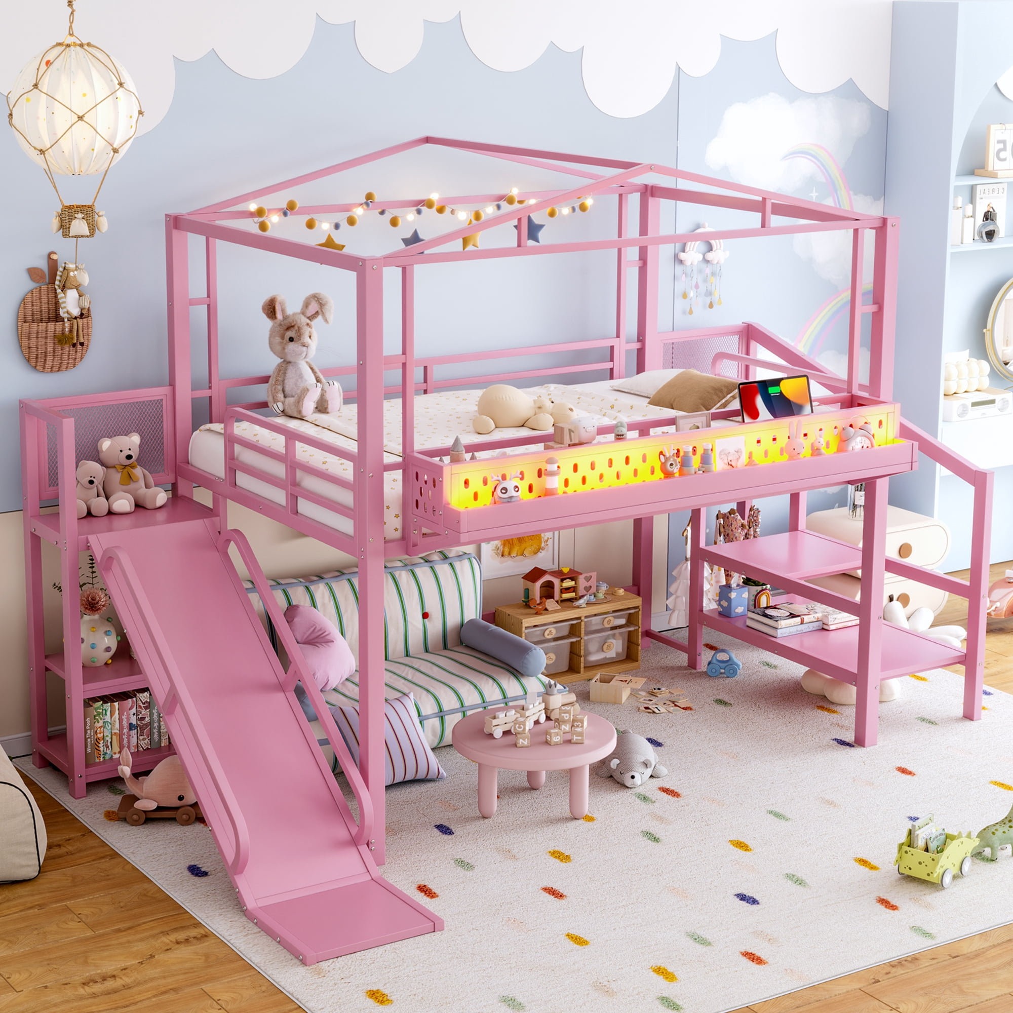 Mintazer Full Size Kids Metal House Loft Bed with Slide & Wardrobe, Metal Loft Bed Frame with LED Lights & Storage Stairs, Pink