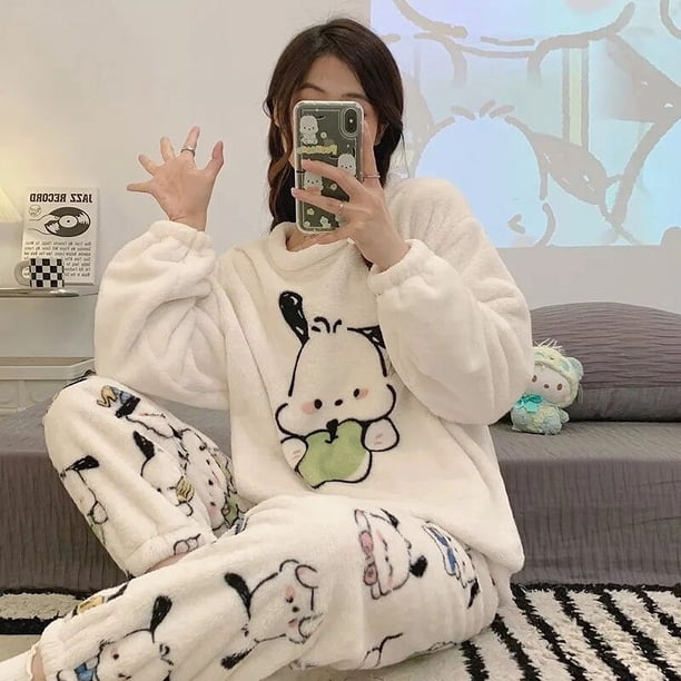 Conjunto de pijama Kawaii Sanrio Hello Kitty para mujer, ropa de casa de terciopelo Coral suave, Jersey, pantalones, lindo, pijama de felpa, 2 piezas
