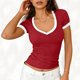 thumbnail image 3 of Camisas de Manga Corta para las Mujeres Blusas Casuales Cuello en V Color Sólido Plisado Primavera, 3 of 6