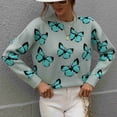 thumbnail image 4 of Jersey para mujer, suéter con cuello redondo, estampado, manga larga, dobladillo suelto, Top de punto acanalado para mujer, verde, L, 4 of 7