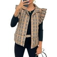 thumbnail image 3 of Womens Plaid Puffer Vests Ruffle Sleeveless Lightweight Quilted Vest Fall Winter Padded Gilets Coats, 3 of 7