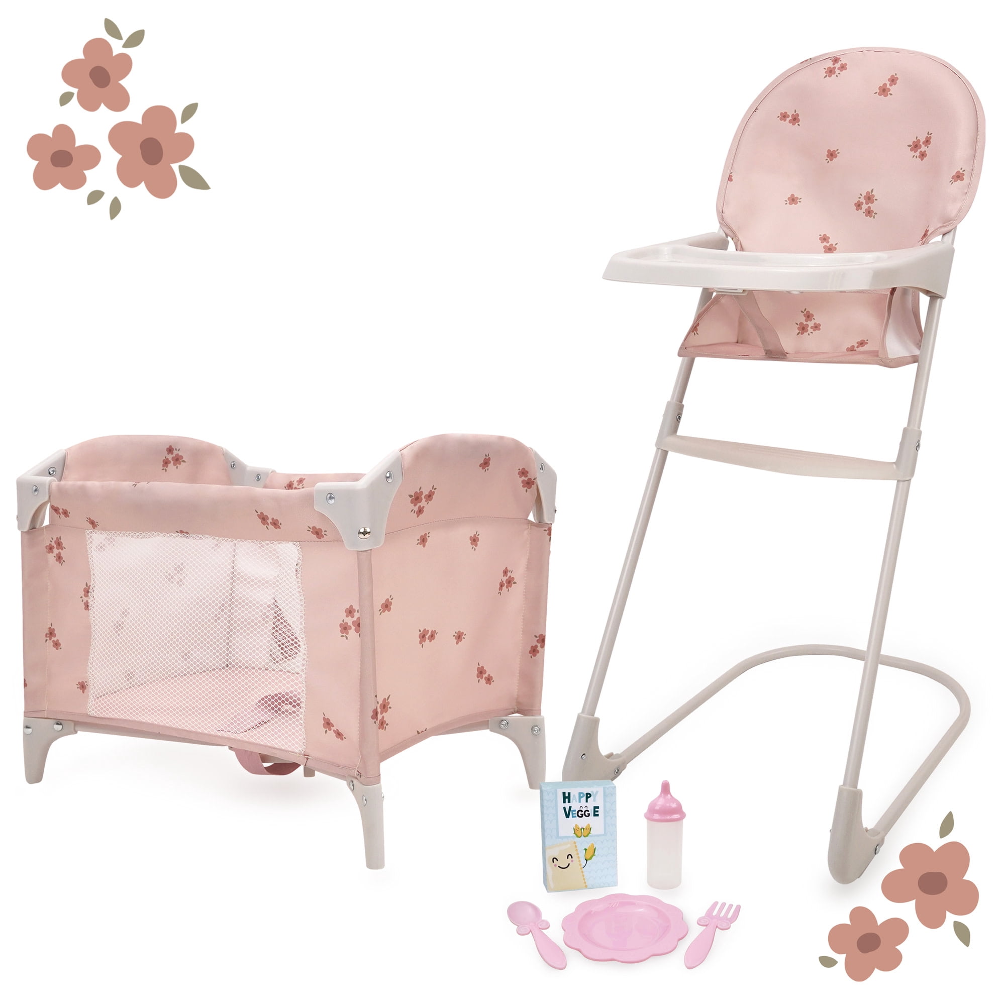 509 Crew: Ballet Flora - Feed N' Care Set - Soft Pink & Flowers, 7pc Play & Feeding Doll Accessories, Highchair & Foldable Play Yard, Roleplay, Kid 3+