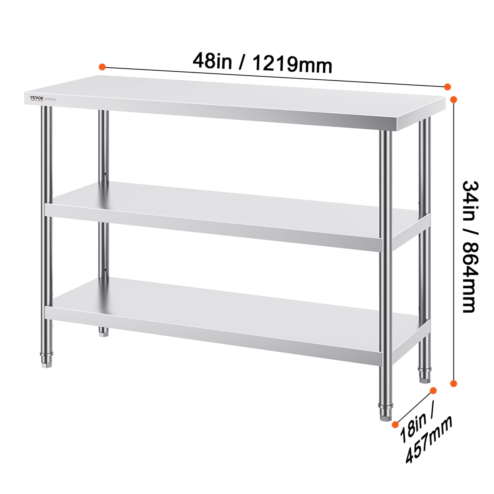 VEVOR Stainless Steel Food Prep Table, 18 x 48 x 34 Inch Commercial Kitchen Worktable, with 2 Adjustable Undershelf, Heavy Duty Prep Table Metal Work Table for BBQ, Kitchen, Home, and Garage