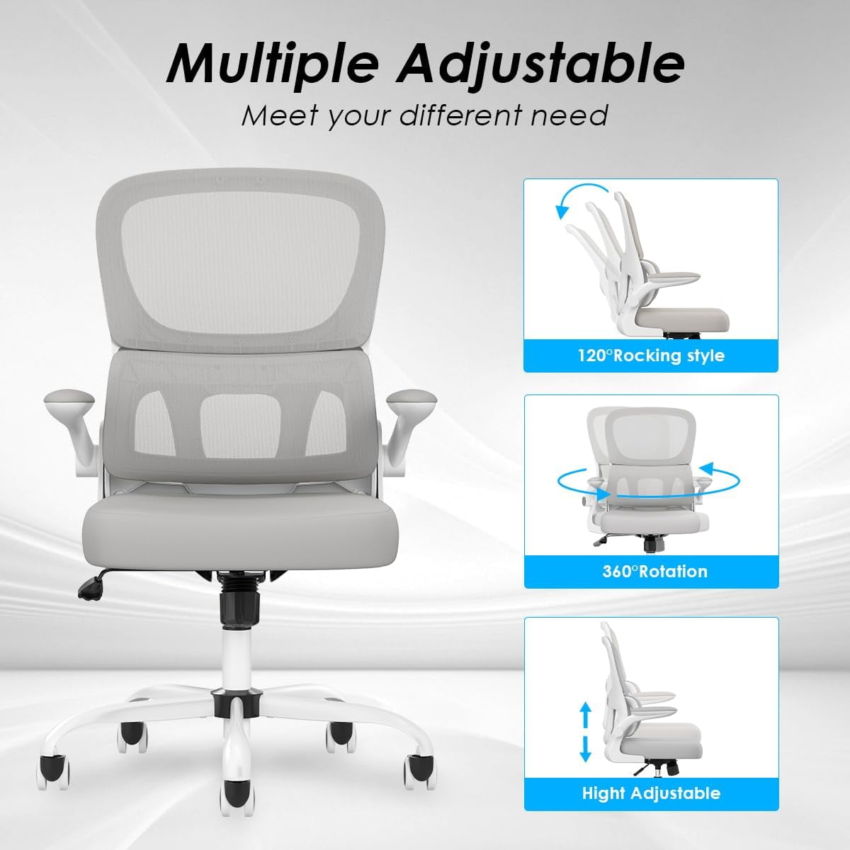 STARY Ergonomic Mesh Office Chair, Computer Chair with Lumbar Support and Flip-up Armrests, Comfy Desk Chair with PU Wheels for Home Office, White & Gray