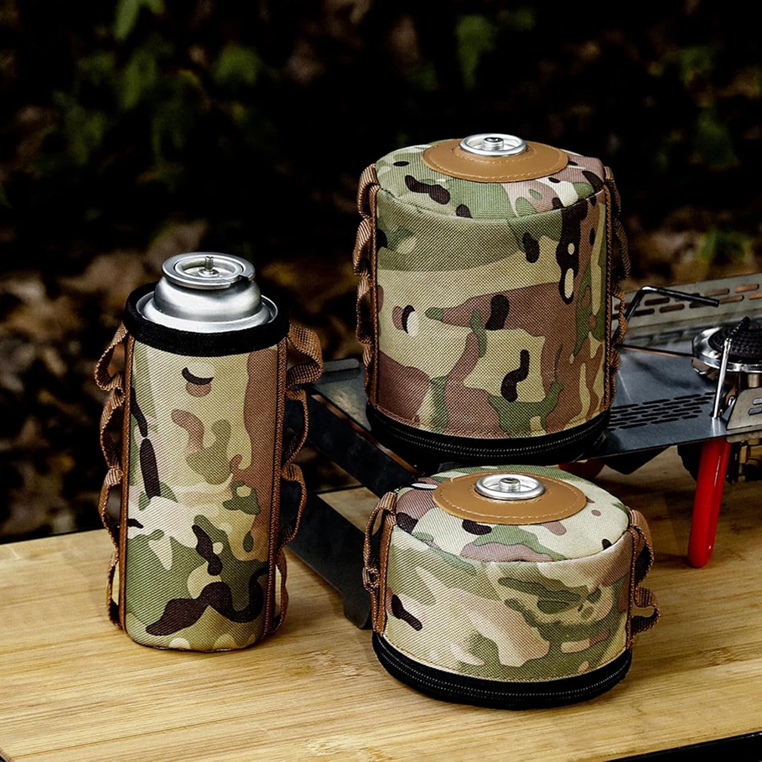3-Pack Oxford Cloth Propane Tank Cover with Side Loops | Portable Carry & Hanging Blanket for Camping Stove Gas Canisters | Camouflage