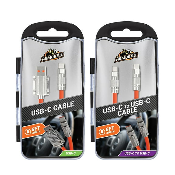 Armor All 2 Pack 6ft Rugged USB-C to USB-C   USB-A to USB-C Cable, Tangle-Free with Storage Case