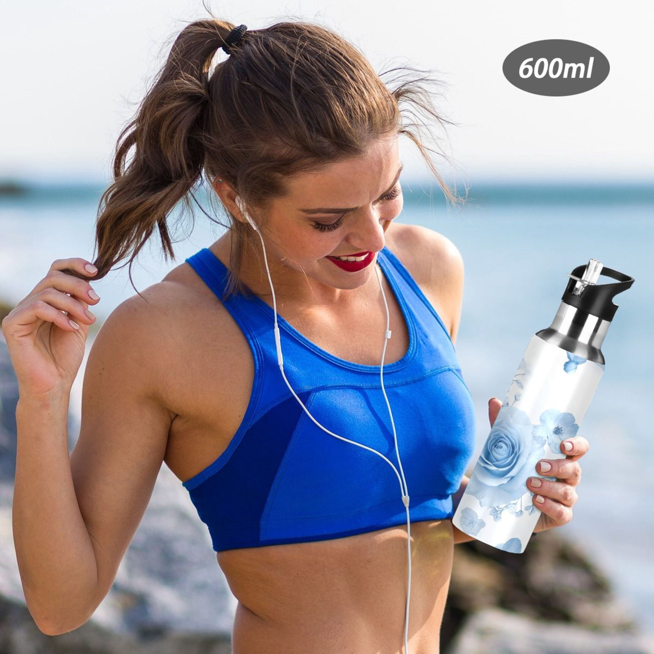 Babysbreath and Blue Roses Sports Bottle with Straw Stainless Steel Water Jug Portable Thermal Cup Leak-proof 1000ML