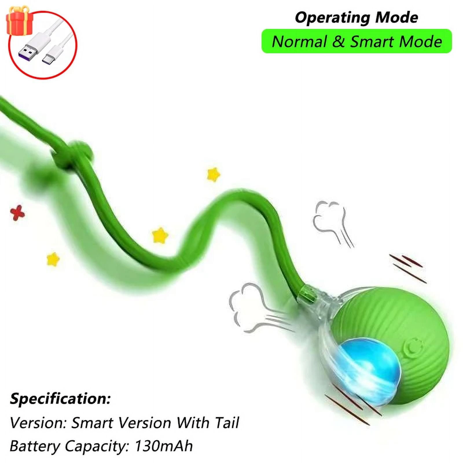 Cat Interactive Ball Toy, Automatic Rolling Ball with Tail, Reharbable Smart Pet Interactive Toy, Intelligent Mouse for Cat