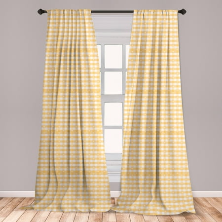 Vintage Yellow Curtains 2 Panels Set Gingham Pattern With Bicolor