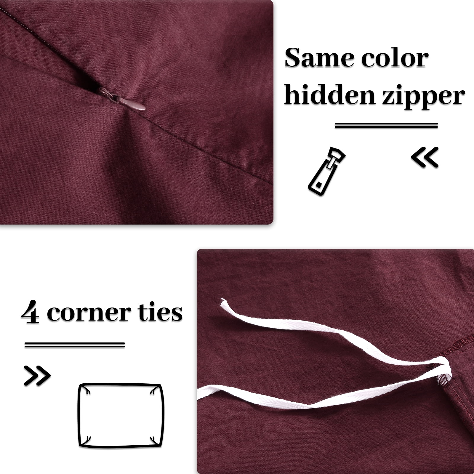 NEXHOME PRO Duvet Cover Set 100% Washed Cotton 2 Pieces Linen Breathable Soft Durable Duvet Cover Bedding Set with Zipper Closure, Twin Size Burgundy Dark Red (Comforter Not Included)