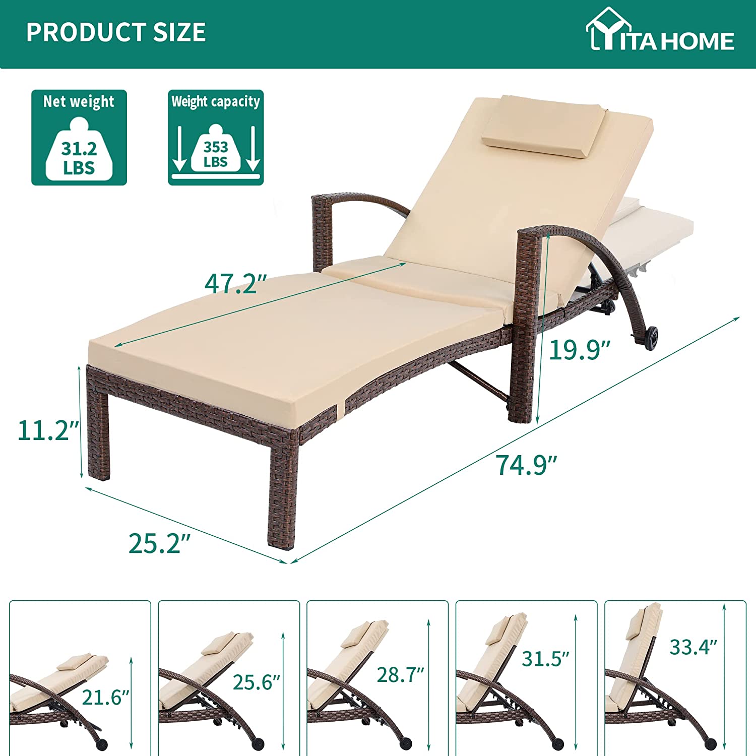 YITAHOME Outdoor Chaise Lounge Chairs, PE Rattan Wicker Patio Pool Loungers with Adjustable Backrest, Arm, Cushion, Pillow and Wheels for Poolside Backyard Porch Garden Beach (2, Brown) - image 2 of 9