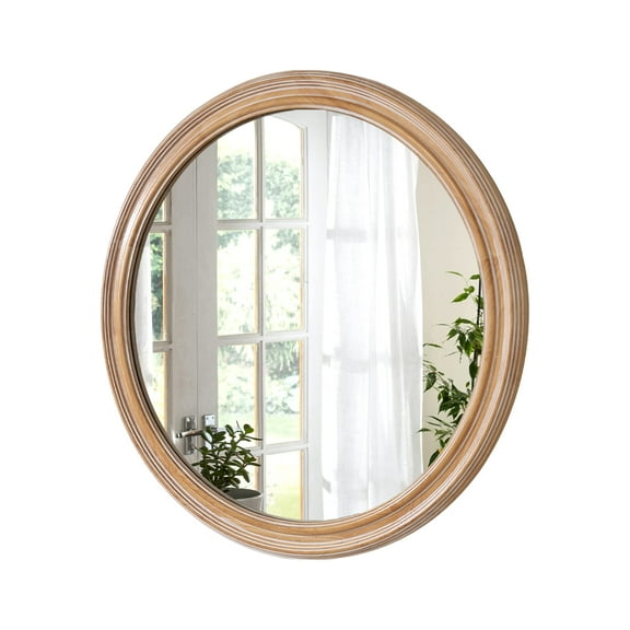 27.5 inches Round Wall Mirror for Bathroom Vanity, Wooden Farmhouse Circle Mirrors for Bedroom, Entryway, Living Room, Kithen Whitewash Edge Decorative Mirror for Home, Office