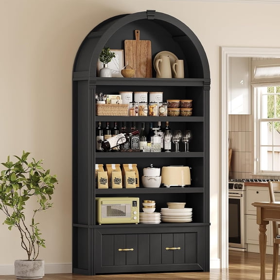 83"x39" Tall Arched Cabinets,Bookcase with Storage ,5-Tier Bookshelf, Black Bookcase with Drawer, Adjustable Shelves & wheels, Large Open Display Storage, For Home Office, Living Room