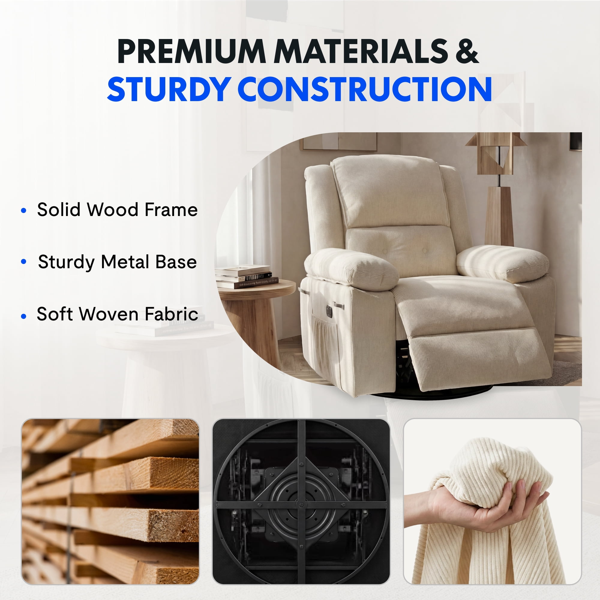 FlexiSpot Swivel Recliner Chair with Heat & Massage, 3-Position Adjustable Backrest, Soft Woven Fabric Nursery Glider with 360° Swivel, Wide Armrests, Large Side Pockets & 300 lbs Support,Beige