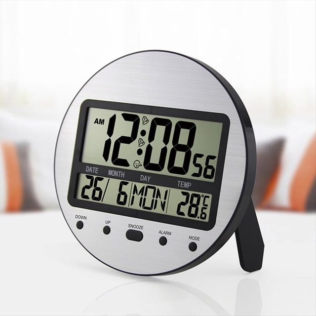 Reloj Despertador con Calendario Digital de Pared o Escritorio, con Ajuste Automático, Funciona con Pilas, 12 o 24 Horas, para Mesita de Noche de Dormitorio, Color Negro
