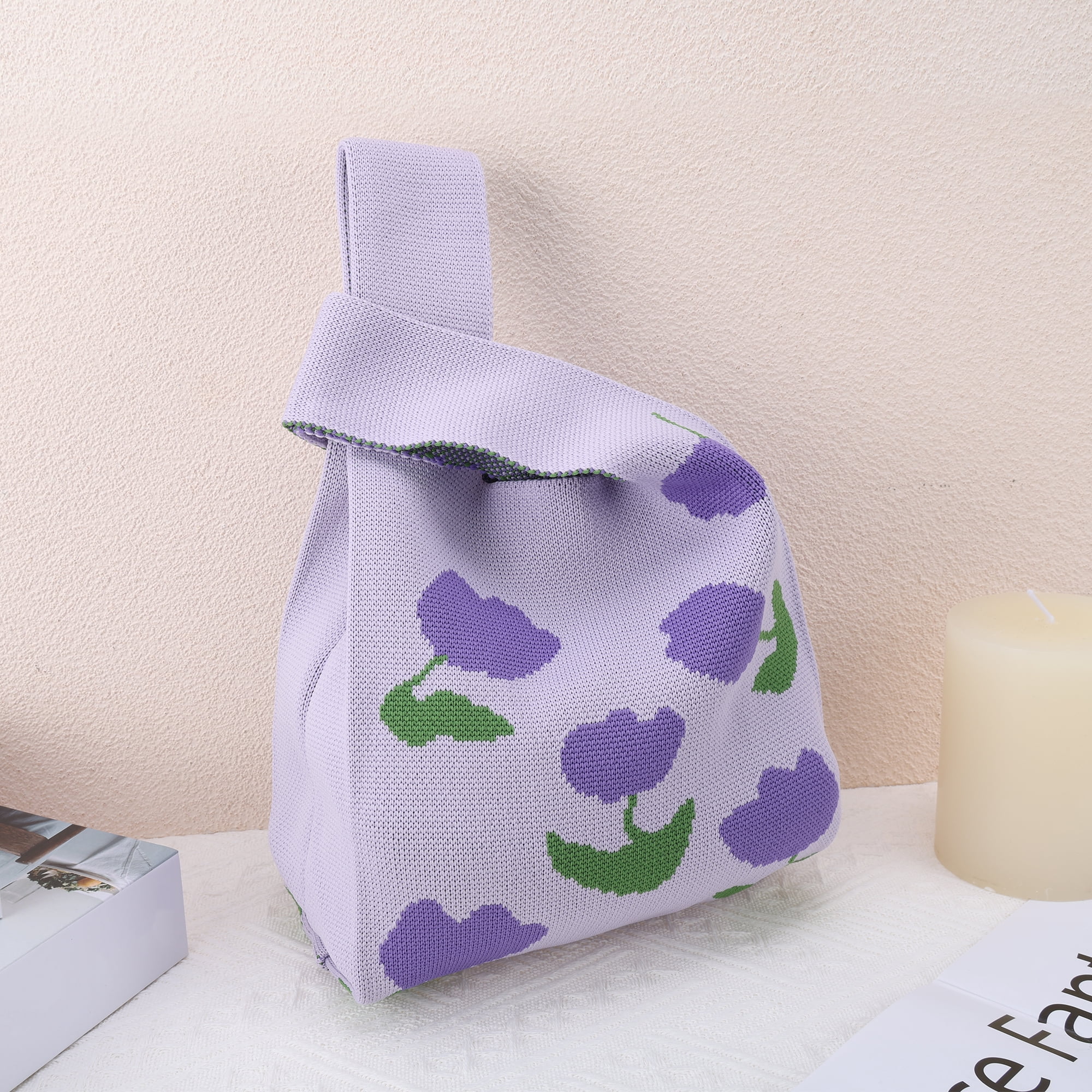 Unique Bargains Flowers Pattern Knitted Wrist Bag Purple 1 Pc
