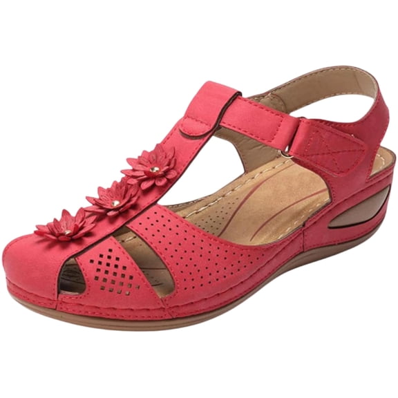 W Sandals For Women Closed Toe Floral Applique Sandals Breathable Perforated Upper Hook And Loop Ankle Strap Soft Sole Summer Casual Shoes Casual Dressy 2026 Shoes Comfort Summer Slides