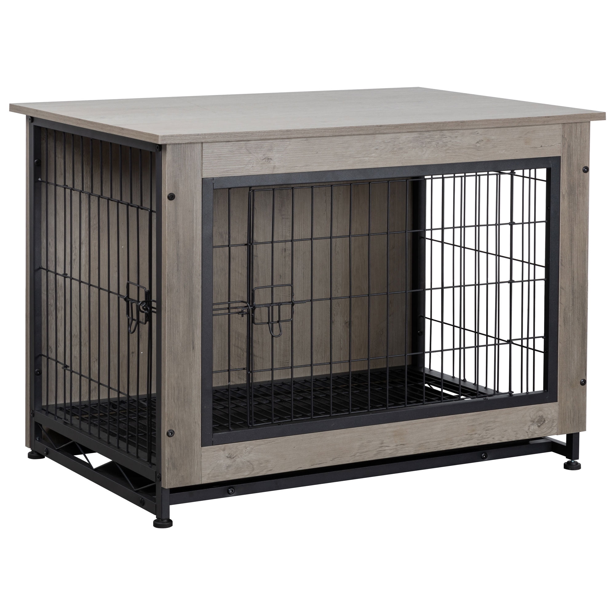 Walsunny Wooden Dog Crate Furniture,Double-Doors Kennel Indoor with Divider and Removable Tray,End Table Dog Crate for Decoration 44.1"L x 29.5"W x 32.3"H，Grey
