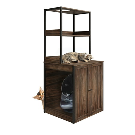 Large Cat Litter Box Enclosure Furniture for Self-Cleaning Cat Litter Box  Wood Cat Washroom Furniture with Shelves  Cat Cabinet for Smart Litter Box Size Less Than 30.7 x 28.3 x 26.0 Inch  Indoor 【FOR LARGE LITTER BOX】Our cat litter box enclosure is designed for large cat litter boxes. It is suitable for smart litter boxes that measure less than 30.7 x 28.3 x 26.0 Inch. 【DOUBLE SHELF AND CAT ACCESS】Above the cat litter box enclosure there are two shelves that you can use to store your pet supplies. At the top we designed a cat tunnel  you can arrange the top of the cabinet as a resting place for cats. 【SAFETY DESIGN】Both sides of the hidden cat litter box enclosure are designed with baffle strips to prevent the smart litter box from shifting. The opening and closing door is a magnetic door design can prevent cats from being injured. 【METAL FRAME】This cat cabinet uses a metal frame structure. This structure greatly improves the load-bearing capacity. The anti-rust coating on the surface increases durability. 【SUITABLE FOR DIFFERENT INDOOR FURNISHINGS】Our large cat litter box enclosure furniture is empty on both sides  so you can set the entrance to the automatic litter box on either side. You can place it at the entrance of your home or in a corner. No matter how you place it  it is perfectly suited to different scenarios.