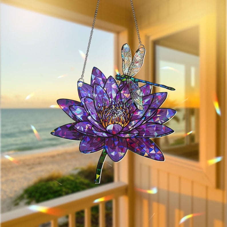 ViciArt Dragonfly Water Lily Suncatcher – 9" Holographic Acrylic Window Hanging, Purple Floral Decor